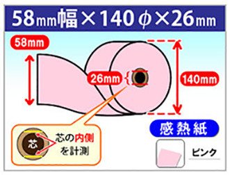 感熱カラーロール紙　58×140×26　ピンク